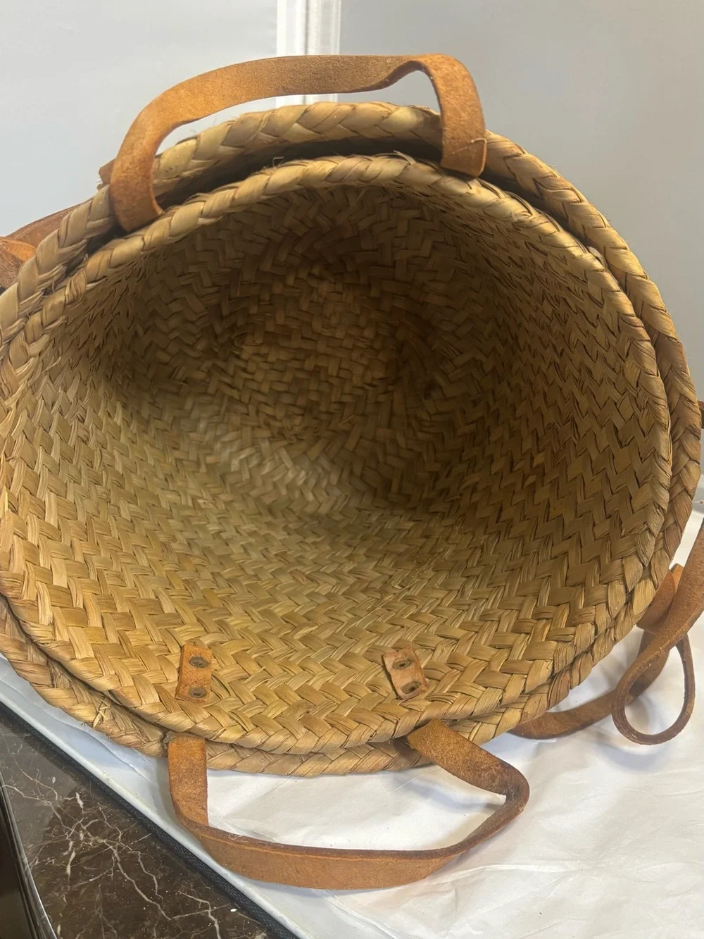 3 vintage Handwoven Straw Tote Bag with Leather Handles - Natural